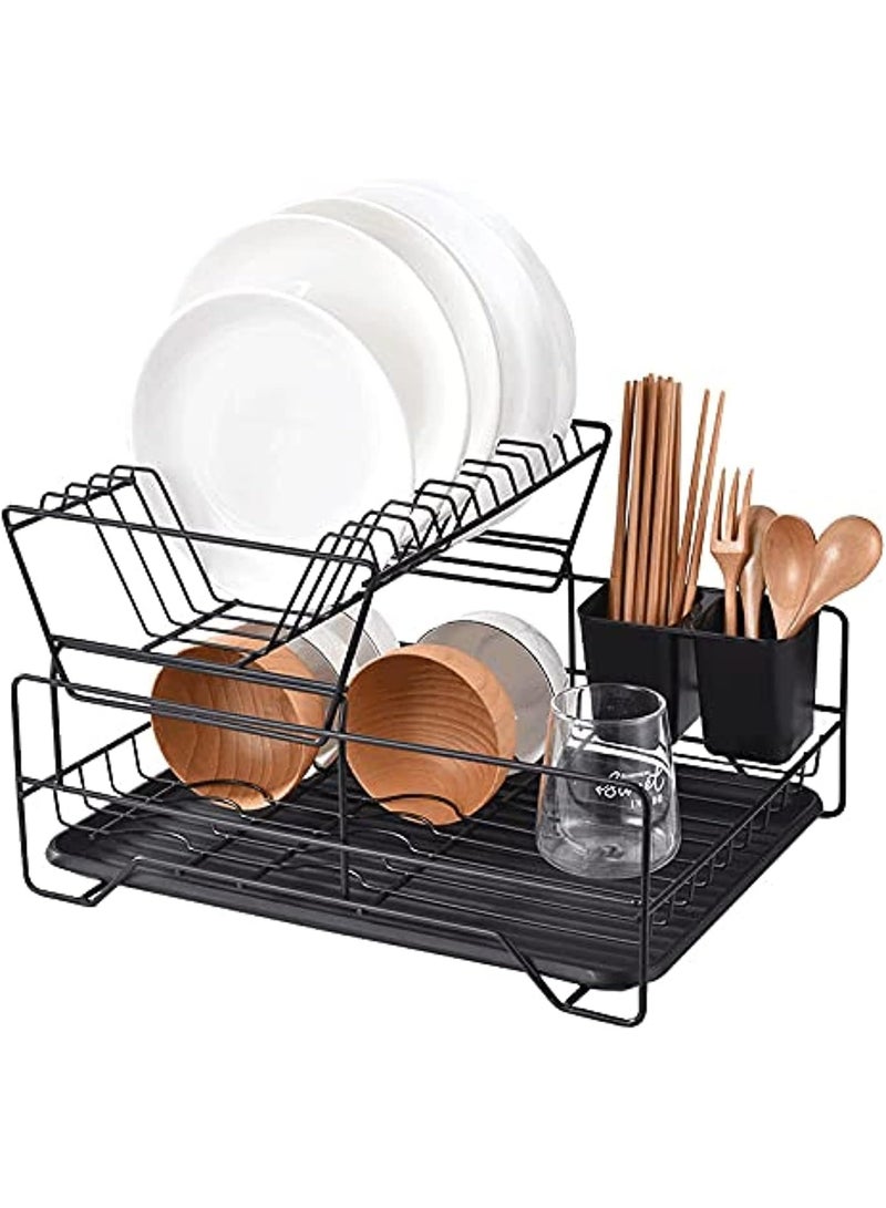 مطبقيه امريكي و مصفاة الحوض و مطبقيه رف تخزين لتجفيف الأطباق مكون من طبقتين أسود ضد الصدا - Image 2